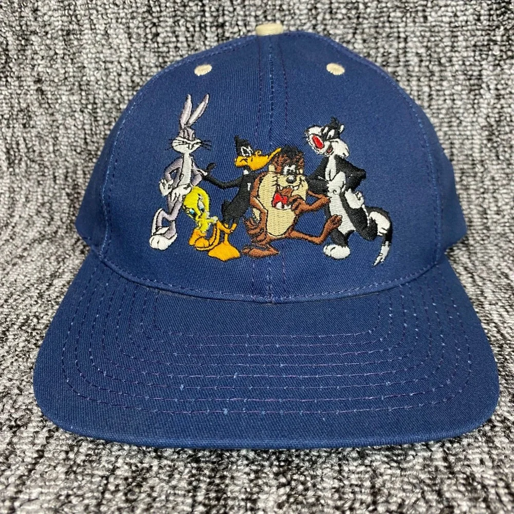 VTG 1991 Looney Tunes Acme Clothing Snapback Hat Made in USA Bugs Daffy Taz Navy